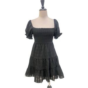 Thirty/Thirty LA Womens Textured Smocked Tiered Fit & Flare Dress Black XS NWT